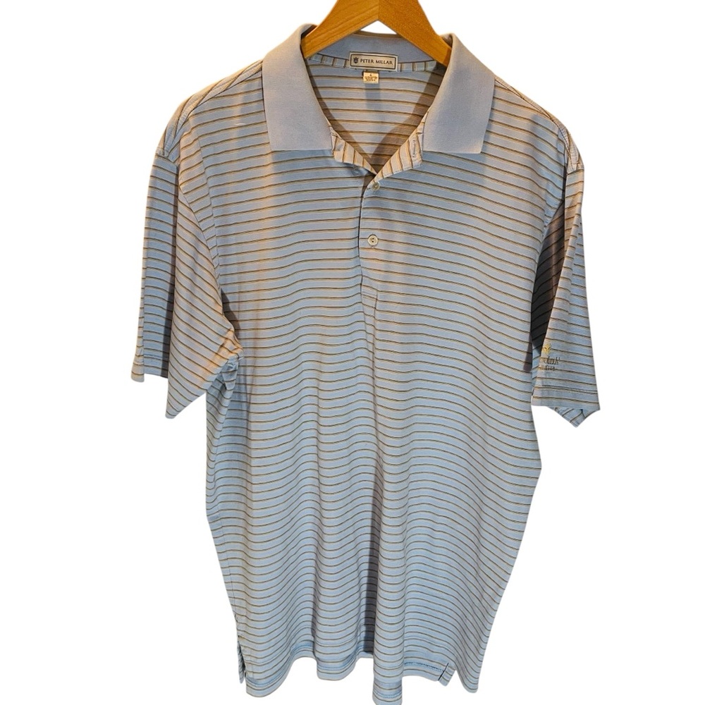 Peter Millar “Summer Comfort”Light Blue Striped Performance Polo Shirt Size L